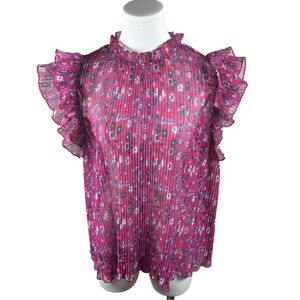 by Anthropologie Sheer Fairy Pink Floral Pleated Flutter Sleeve Layering Top